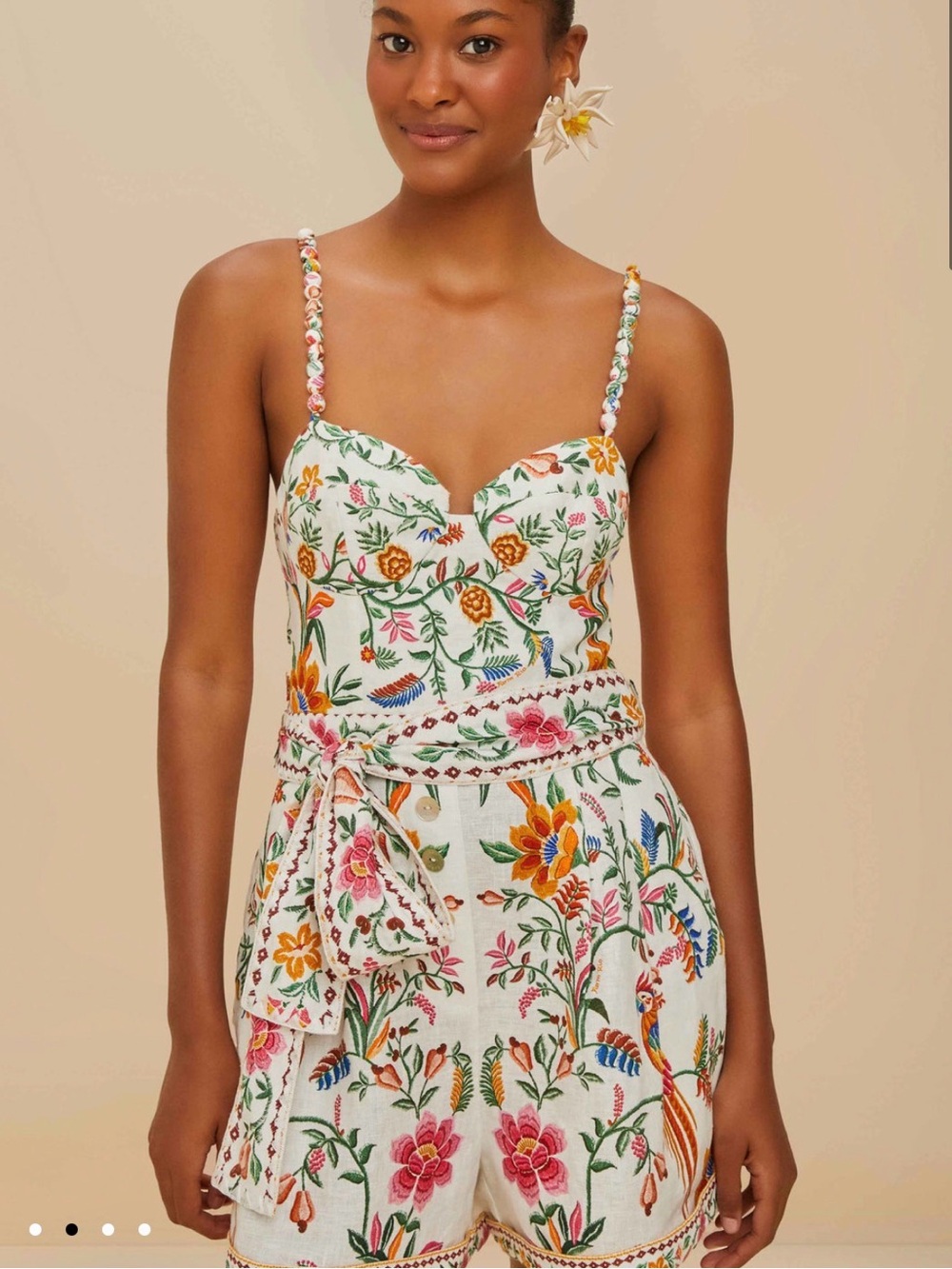 FARM RIO White Floral Embroidered Tie-Waist Romper - Delicate Forest